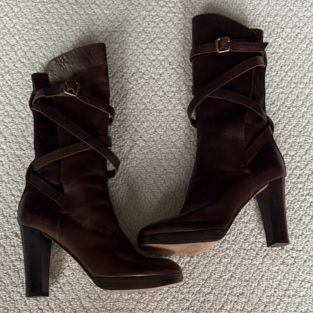 Chloe Rich Brown Leather Heeled Boots - Picture 3 of 6